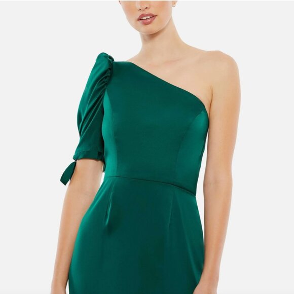 NWT $358 IEENA Mac Duggal [ 4 ] Satin One Shoulder‎ Puff Sleeve Gown Green Q470 - Picture 2 of 16